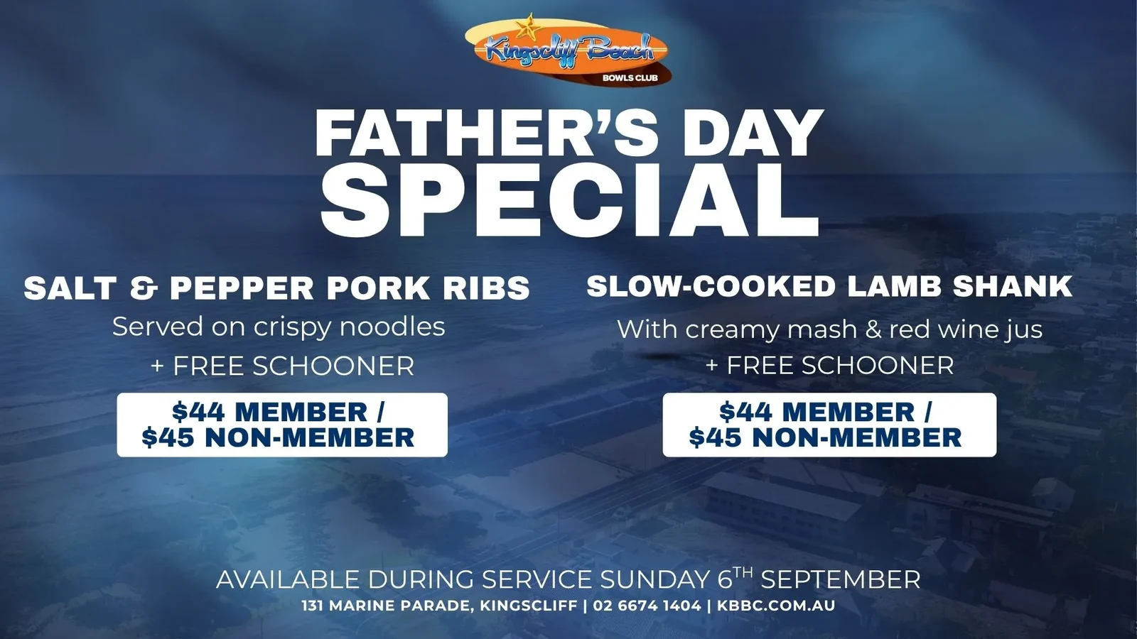 Kingscliff Beach Bowls Club Father&rsquo;s Day special: salt and pepper pork ribs on crispy noodles, or slow-cooked lamb shank with creamy mash and red wine jus, each with a free schooner, $44 member / $45 non-member, available during service Sunday 6 September