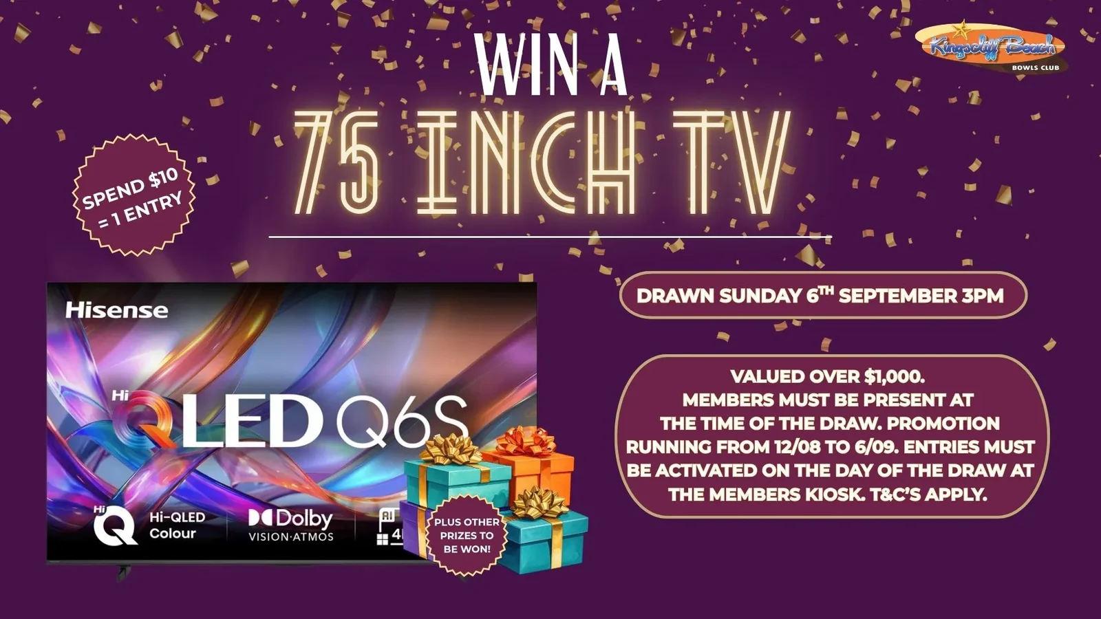 Kingscliff Beach Bowls Club promotion: win a 75-inch Hisense QLED TV valued over $1,000, spend $10 for one entry, drawn Sunday 6 September at 3pm