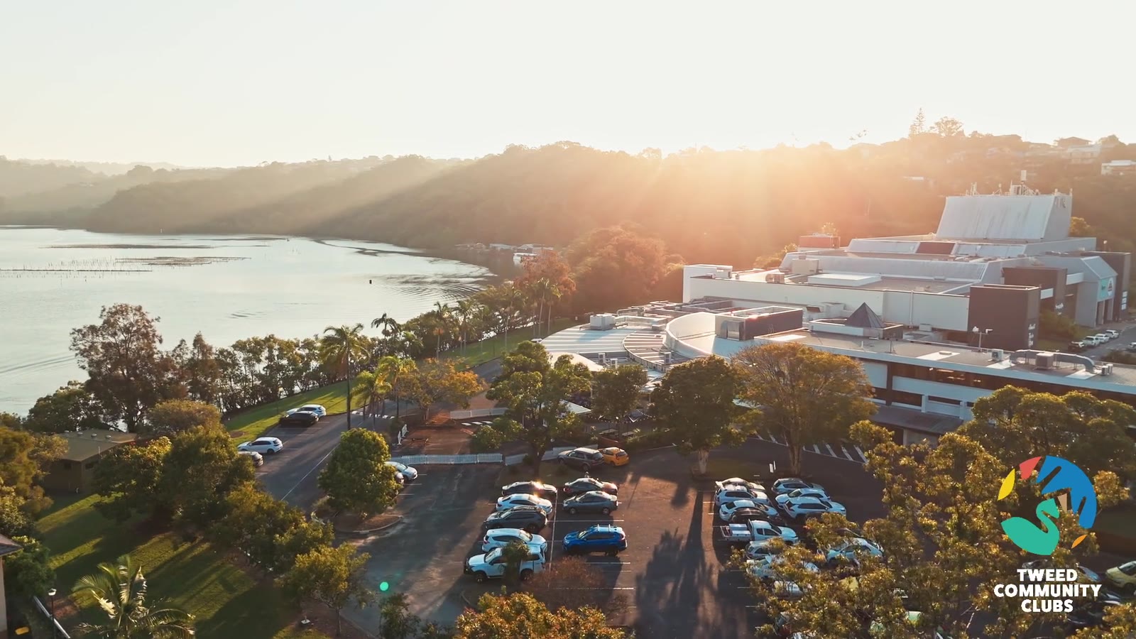 Dusk aerial view over Seagulls and the Tweed River on the night of the Community Sleepout